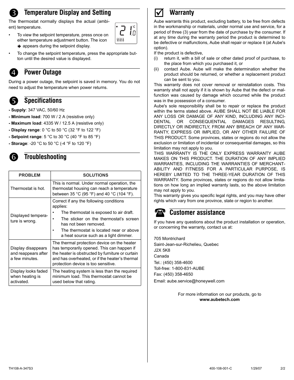 Temperature display and setting, Power outage, Specifications | Troubleshooting, Warranty, Customer assistance | Aube Technologies TH108-A-347S3 User Manual | Page 2 / 2