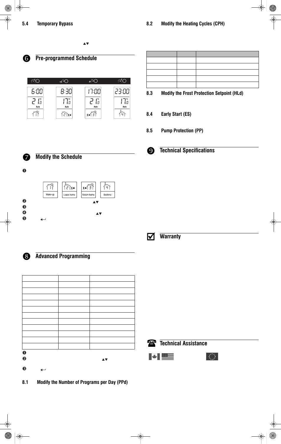 Pre-programmed schedule, Modify the schedule, Advanced programming | Technical specifications, Warranty, Technical assistance | Aube Technologies TH136 User Manual | Page 2 / 2