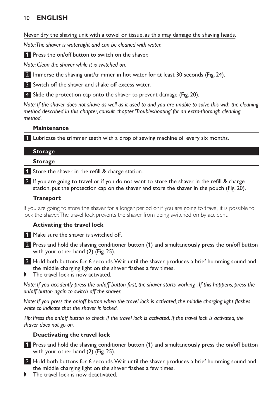 Maintenance, Storage, Transport | Activating the travel lock, Deactivating the travel lock | Philips Afeitadora NIVEA FOR MEN User Manual | Page 10 / 358