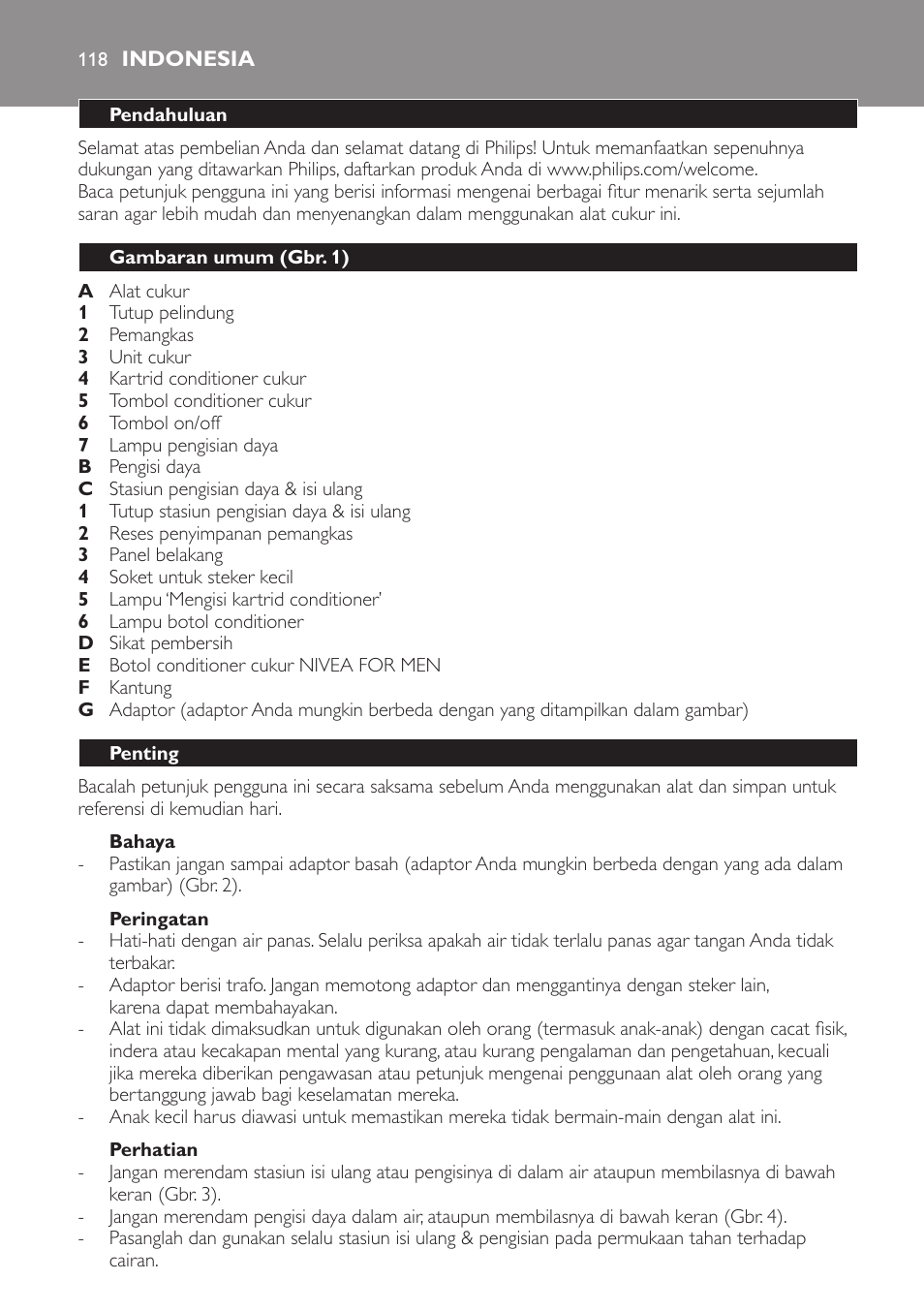 Bahaya, Peringatan, Perhatian | Indonesia, Pendahuluan, Gambaran umum (gbr. 1), Penting | Philips Afeitadora NIVEA FOR MEN User Manual | Page 118 / 358