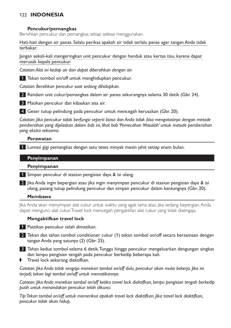 Pencukur/pemangkas, Perawatan, Penyimpanan | Membawa, Mengaktifkan travel lock | Philips Afeitadora NIVEA FOR MEN User Manual | Page 122 / 358