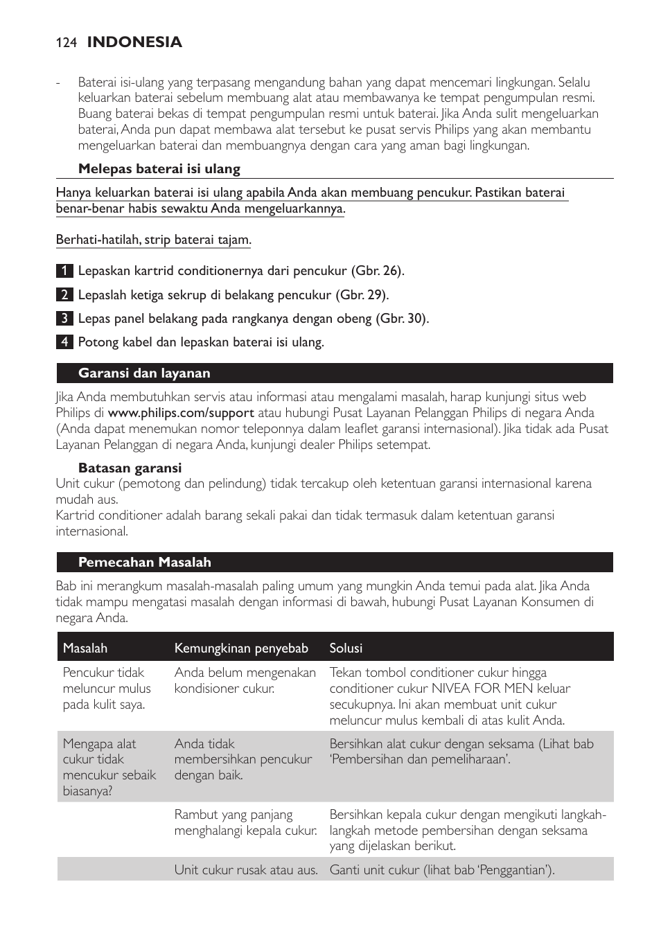 Melepas baterai isi ulang, Batasan garansi, Garansi dan layanan | Pemecahan masalah | Philips Afeitadora NIVEA FOR MEN User Manual | Page 124 / 358