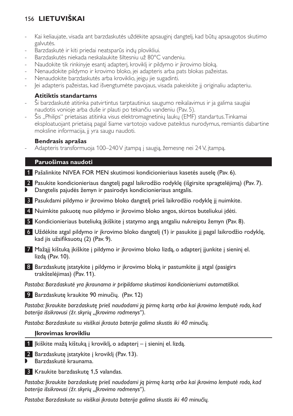 Atitiktis standartams, Bendrasis aprašas, Paruošimas naudoti | Įkrovimas krovikliu | Philips Afeitadora NIVEA FOR MEN User Manual | Page 156 / 358