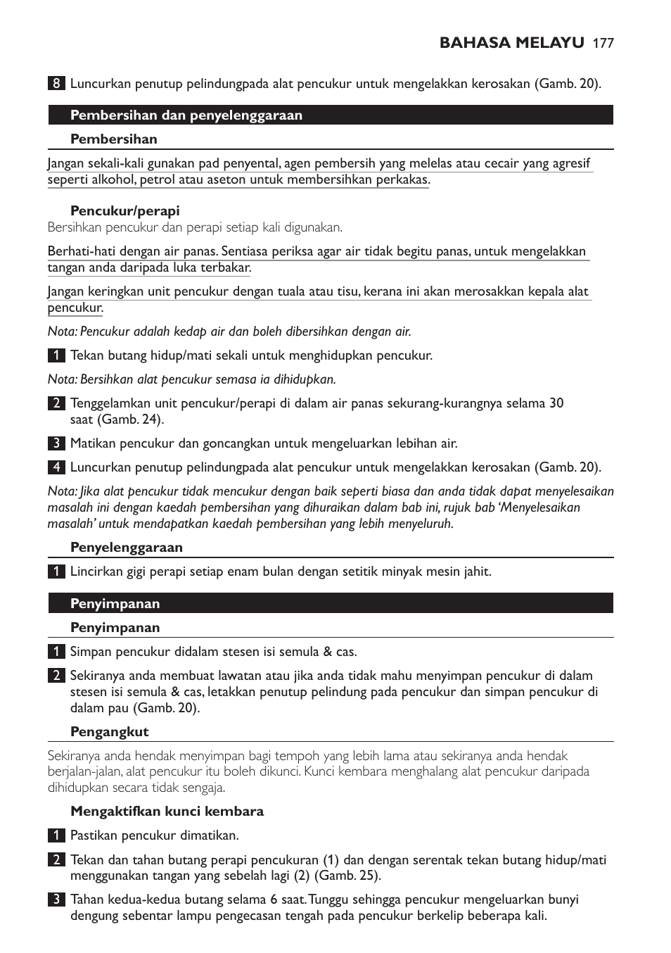 Pembersihan dan penyelenggaraan, Pembersihan, Pencukur/perapi | Penyelenggaraan, Penyimpanan, Pengangkut, Mengaktifkan kunci kembara | Philips Afeitadora NIVEA FOR MEN User Manual | Page 177 / 358