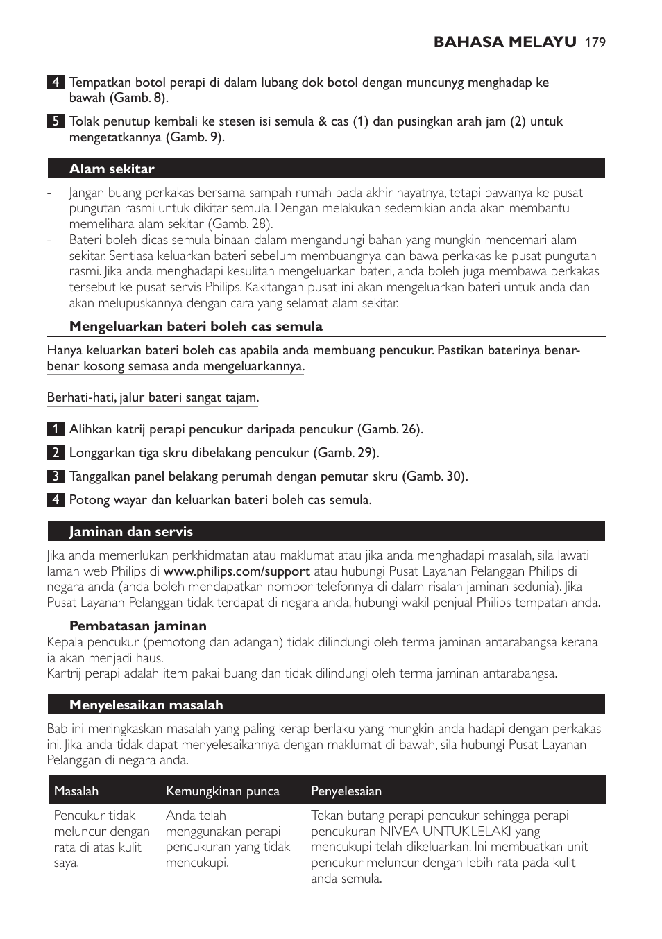 Alam sekitar, Mengeluarkan bateri boleh cas semula, Pembatasan jaminan | Jaminan dan servis, Menyelesaikan masalah | Philips Afeitadora NIVEA FOR MEN User Manual | Page 179 / 358