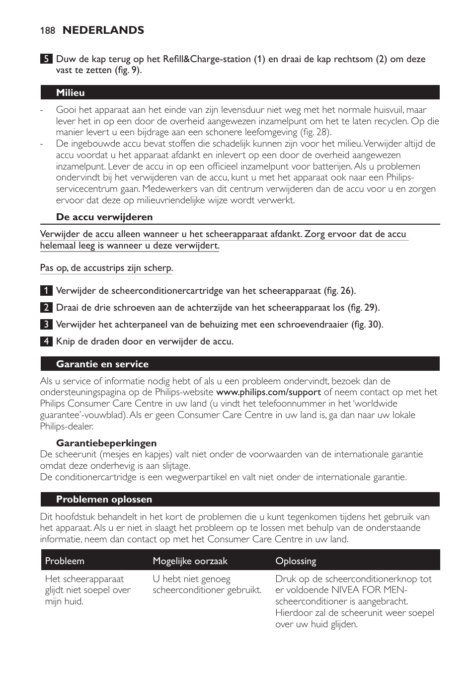 Milieu, De accu verwijderen, Garantiebeperkingen | Garantie en service, Problemen oplossen | Philips Afeitadora NIVEA FOR MEN User Manual | Page 188 / 358