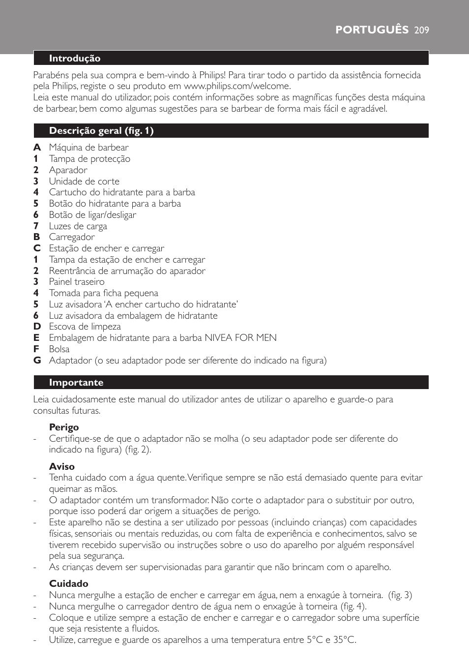 Perigo, Aviso, Cuidado | Português, Introdução, Descrição geral (fig. 1), Importante | Philips Afeitadora NIVEA FOR MEN User Manual | Page 209 / 358