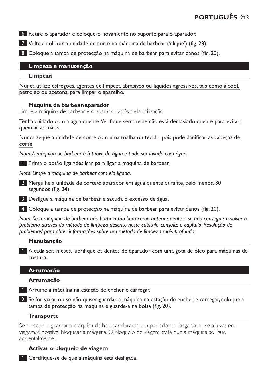 Limpeza e manutenção, Limpeza, Máquina de barbear/aparador | Manutenção, Arrumação, Transporte, Activar o bloqueio de viagem | Philips Afeitadora NIVEA FOR MEN User Manual | Page 213 / 358