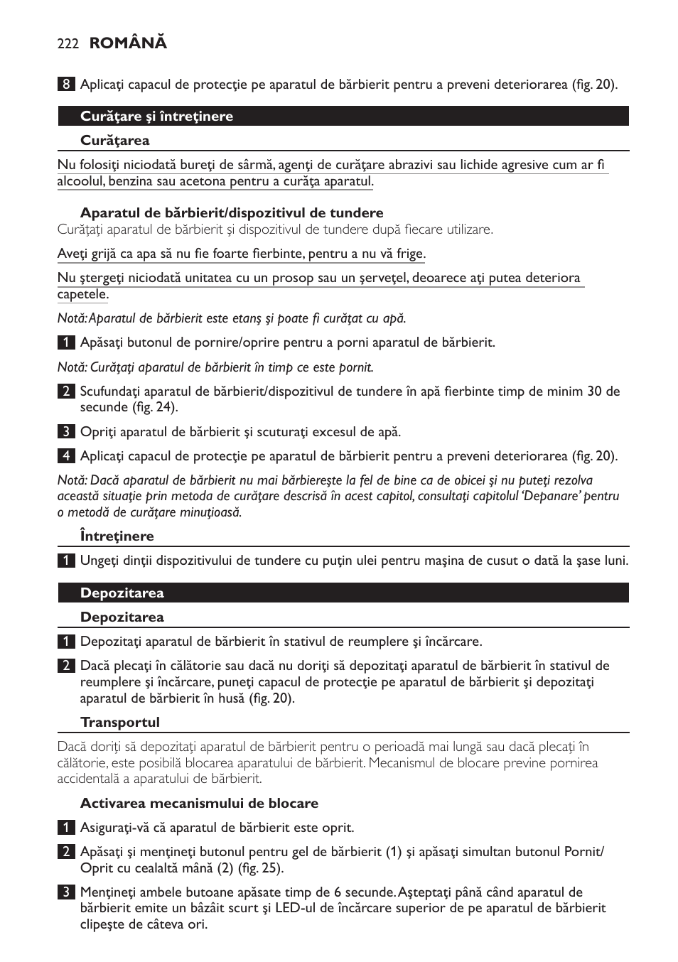 Curăţare şi întreţinere, Curăţarea, Aparatul de bărbierit/dispozitivul de tundere | Întreţinere, Depozitarea, Transportul, Activarea mecanismului de blocare | Philips Afeitadora NIVEA FOR MEN User Manual | Page 222 / 358