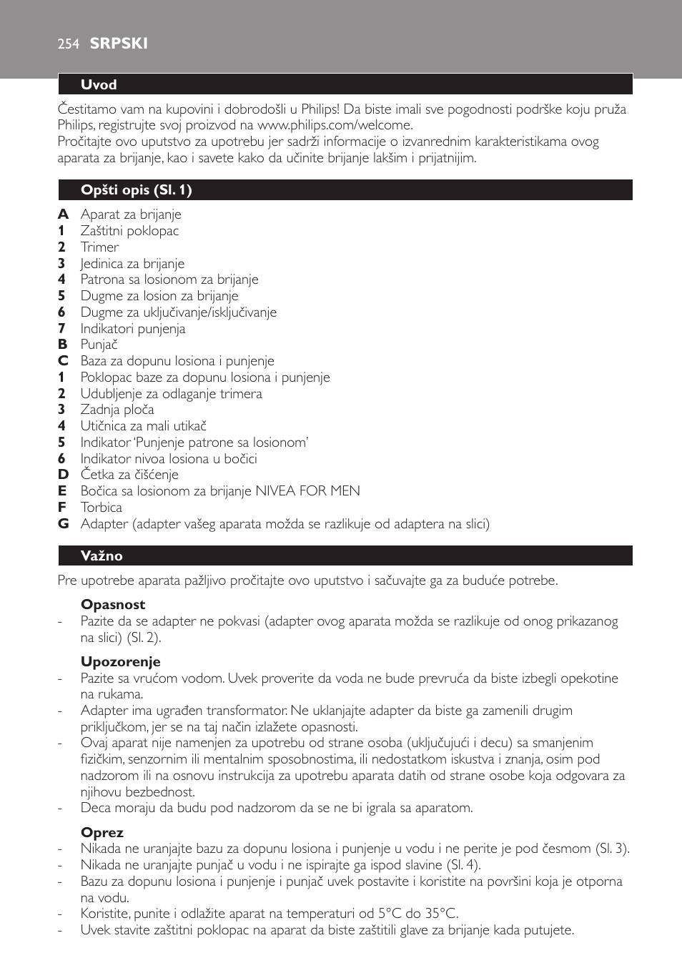 Opasnost, Upozorenje, Oprez | Srpski, Uvod, Opšti opis (sl. 1), Važno | Philips Afeitadora NIVEA FOR MEN User Manual | Page 254 / 358