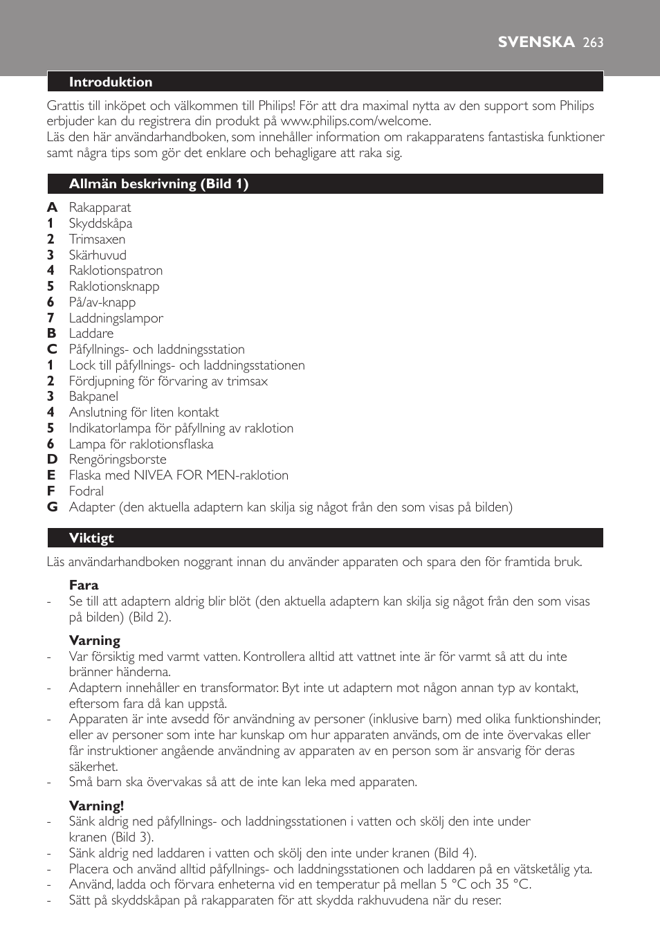 Fara, Varning, Svenska | Introduktion, Allmän beskrivning (bild 1), Viktigt | Philips Afeitadora NIVEA FOR MEN User Manual | Page 263 / 358