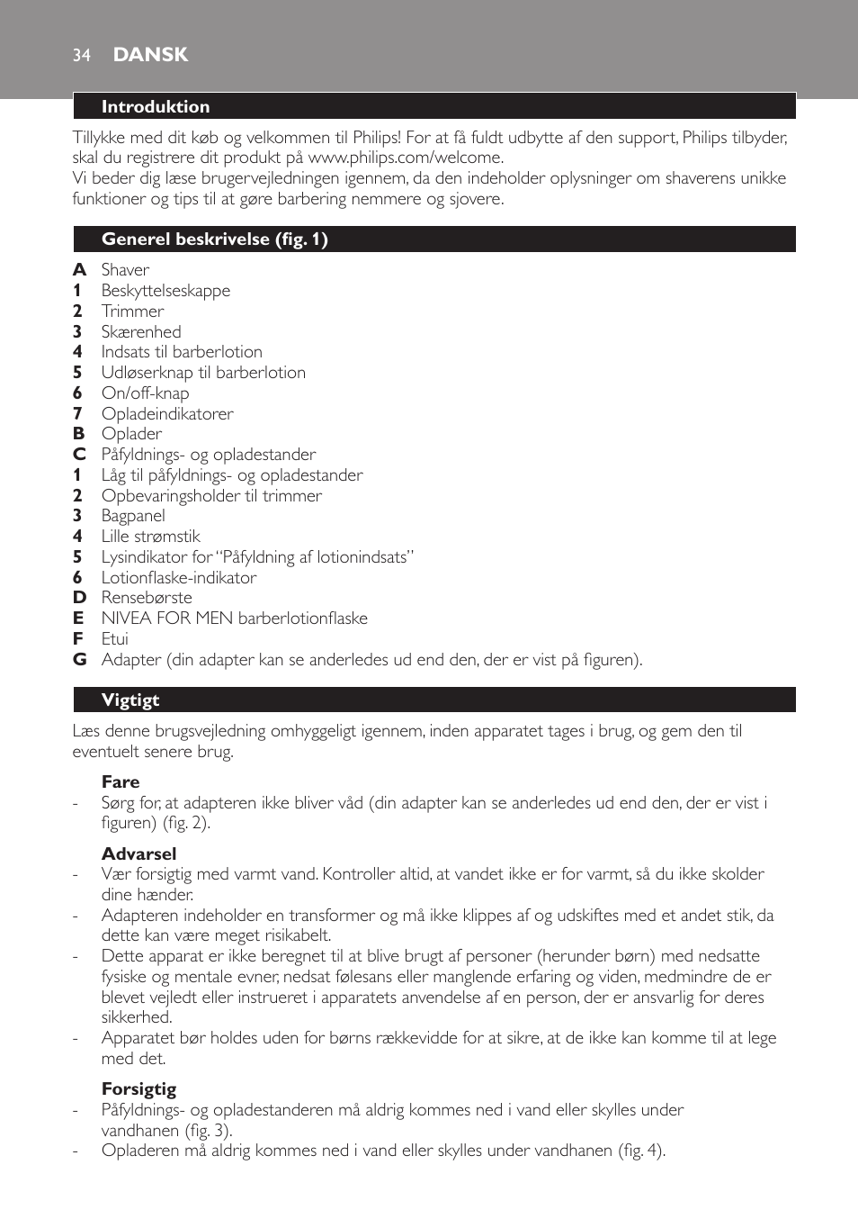 Fare, Advarsel, Forsigtig | Dansk, Introduktion, Generel beskrivelse (fig. 1), Vigtigt | Philips Afeitadora NIVEA FOR MEN User Manual | Page 34 / 358