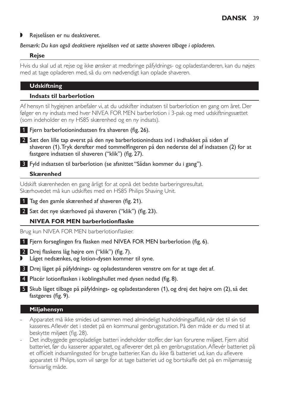 Rejse, Udskiftning, Indsats til barberlotion | Skærenhed, Nivea for men barberlotionflaske, Miljøhensyn | Philips Afeitadora NIVEA FOR MEN User Manual | Page 39 / 358