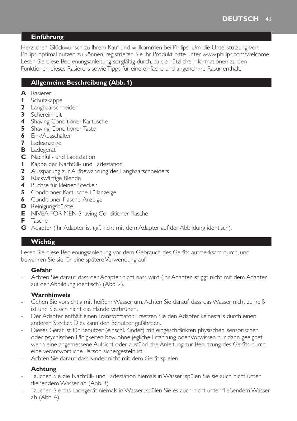 Gefahr, Warnhinweis, Achtung | Deutsch, Einführung, Allgemeine beschreibung (abb. 1), Wichtig | Philips Afeitadora NIVEA FOR MEN User Manual | Page 43 / 358