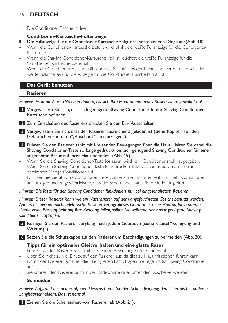 Conditioner-kartusche-füllanzeige, Das gerät benutzen, Rasieren | Schneiden | Philips Afeitadora NIVEA FOR MEN User Manual | Page 46 / 358