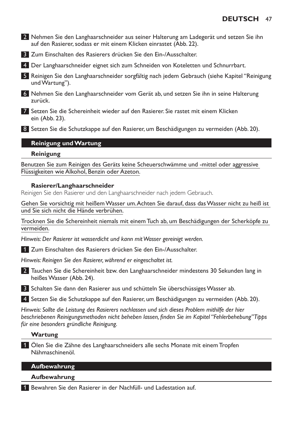 Reinigung und wartung, Reinigung, Rasierer/langhaarschneider | Wartung, Aufbewahrung | Philips Afeitadora NIVEA FOR MEN User Manual | Page 47 / 358