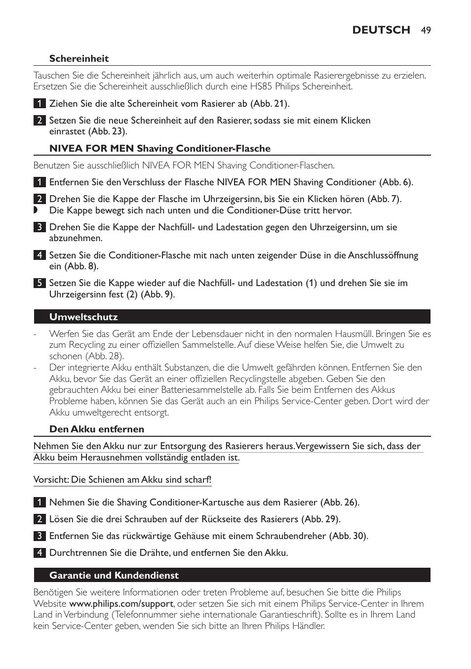Schereinheit, Nivea for men shaving conditioner-flasche, Umweltschutz | Den akku entfernen, Garantie und kundendienst | Philips Afeitadora NIVEA FOR MEN User Manual | Page 49 / 358