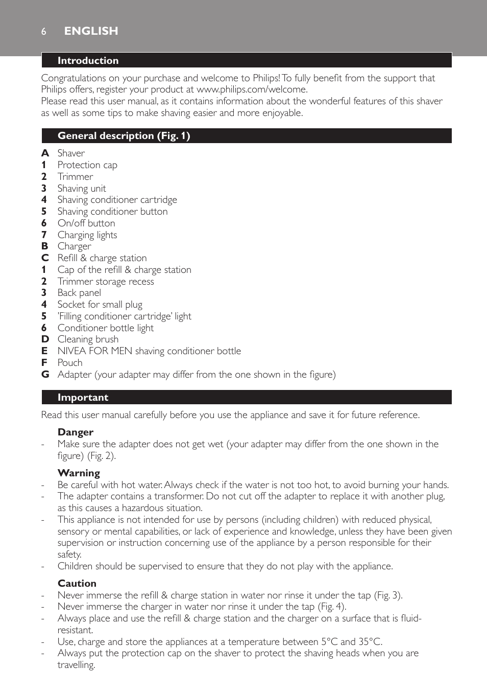English, Introduction, General description (fig. 1) | Important, Danger, Warning, Caution | Philips Afeitadora NIVEA FOR MEN User Manual | Page 6 / 358