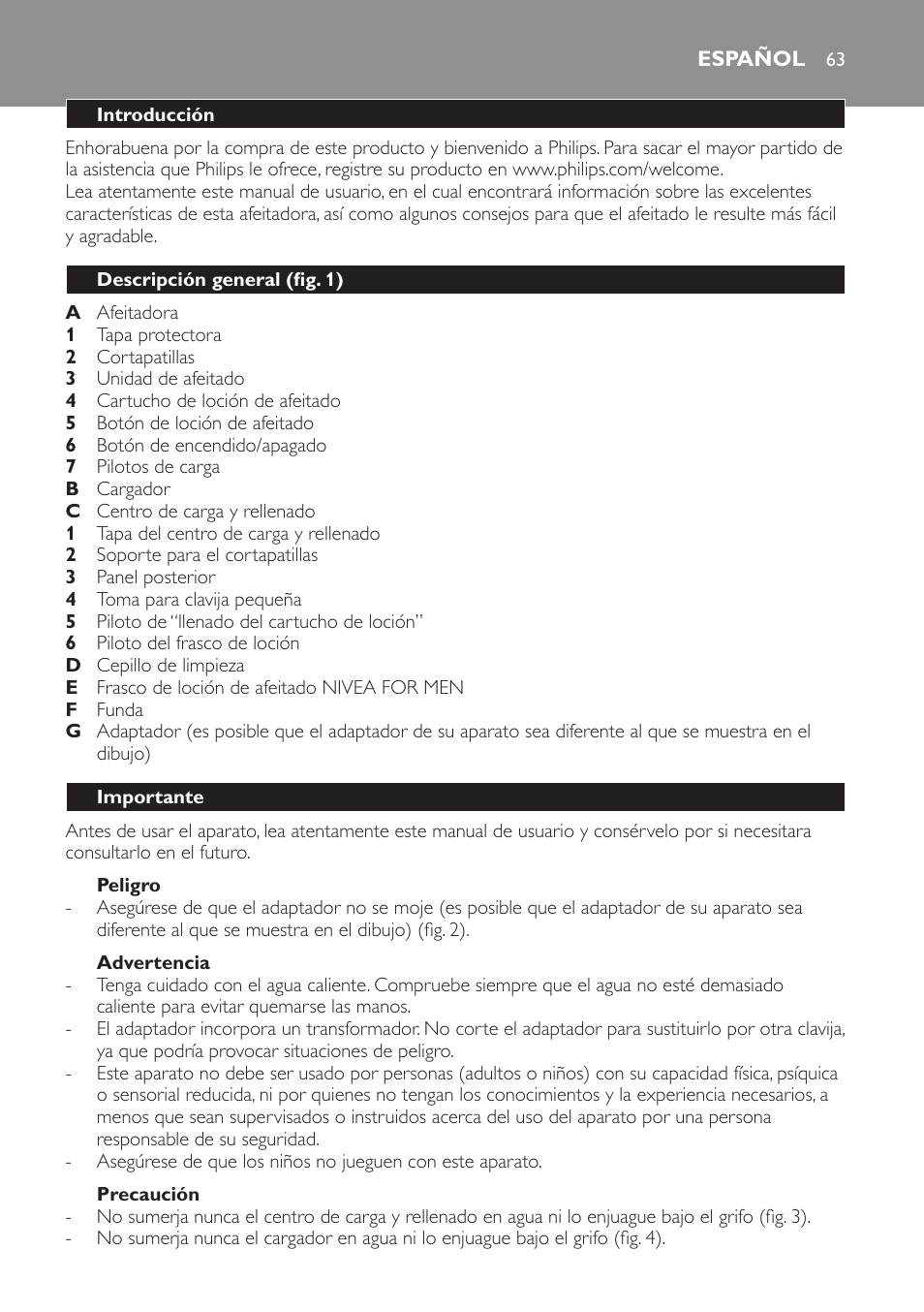 Peligro, Advertencia, Precaución | Español, Introducción, Descripción general (fig. 1), Importante | Philips Afeitadora NIVEA FOR MEN User Manual | Page 63 / 358