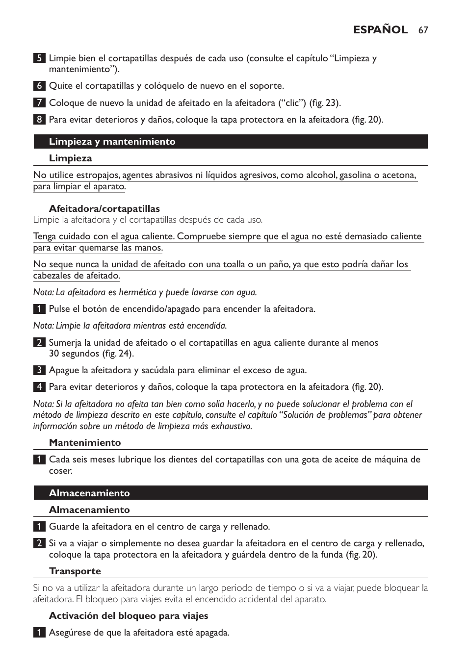 Limpieza y mantenimiento, Limpieza, Afeitadora/cortapatillas | Mantenimiento, Almacenamiento, Transporte, Activación del bloqueo para viajes | Philips Afeitadora NIVEA FOR MEN User Manual | Page 67 / 358