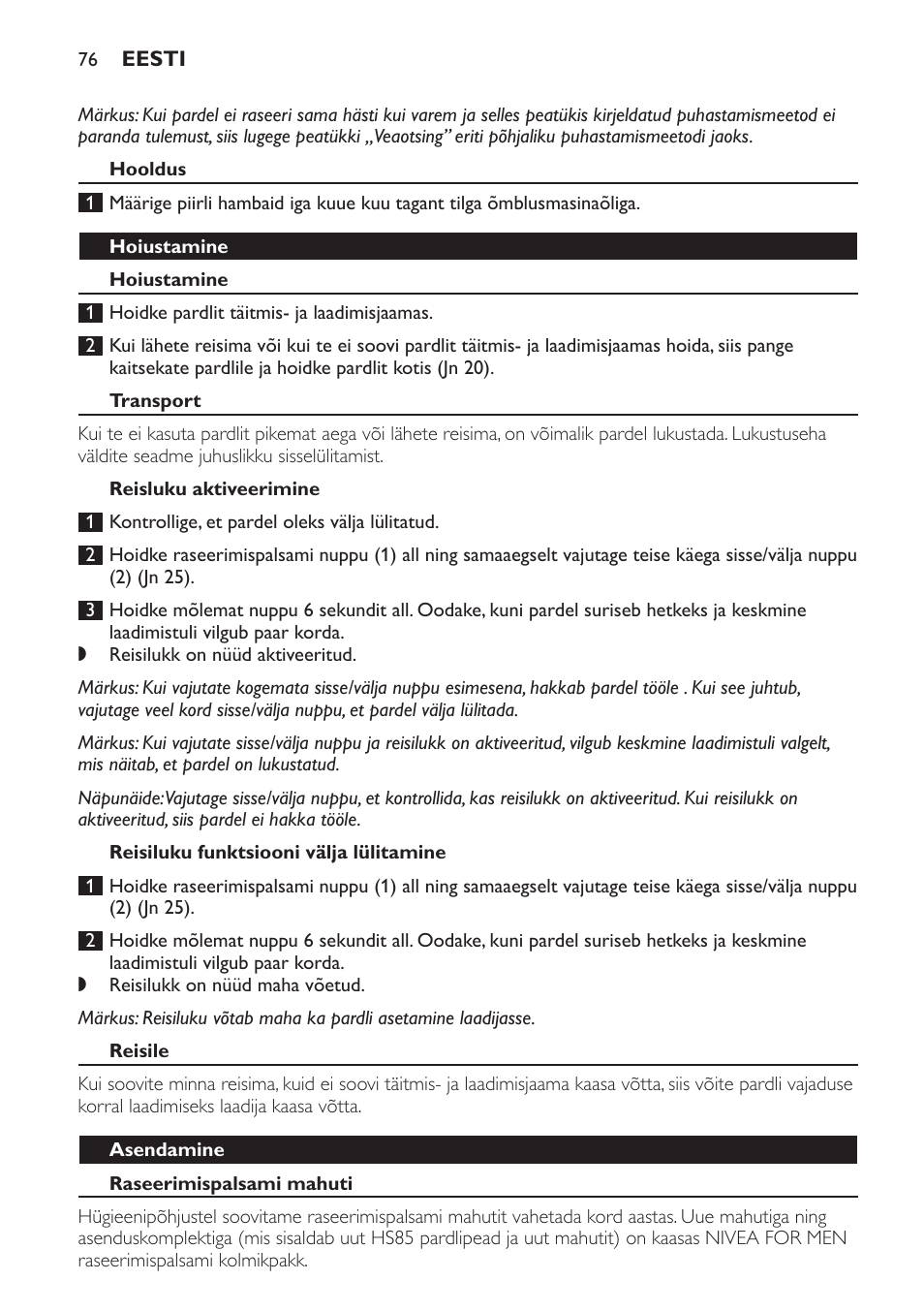 Hooldus, Hoiustamine, Transport | Reisluku aktiveerimine, Reisiluku funktsiooni välja lülitamine, Reisile, Asendamine, Raseerimispalsami mahuti | Philips Afeitadora NIVEA FOR MEN User Manual | Page 76 / 358