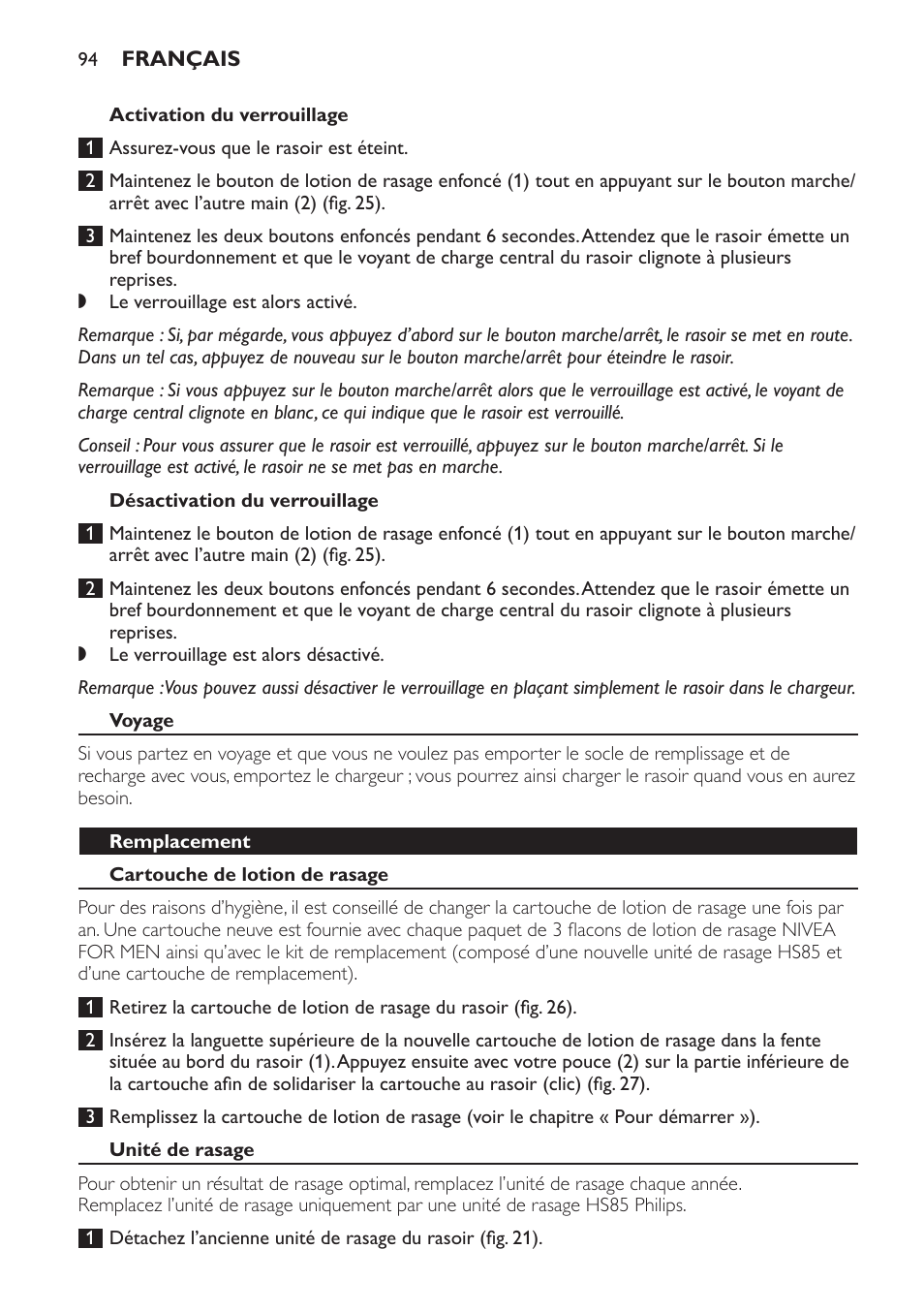 Activation du verrouillage, Désactivation du verrouillage, Voyage | Remplacement, Cartouche de lotion de rasage, Unité de rasage | Philips Afeitadora NIVEA FOR MEN User Manual | Page 94 / 358