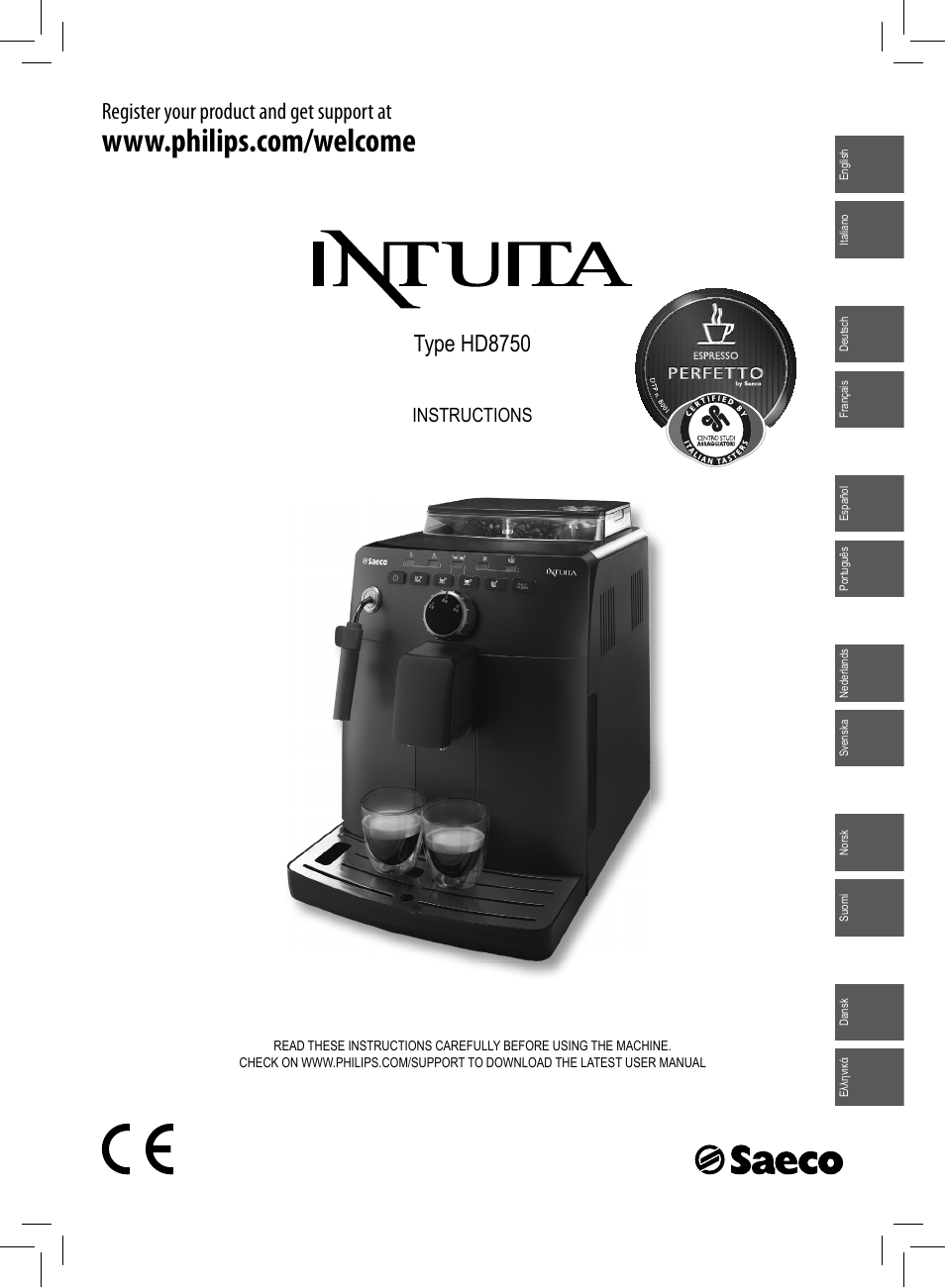 Philips Saeco Intuita Cafetera expreso súper automática User Manual | 96 pages