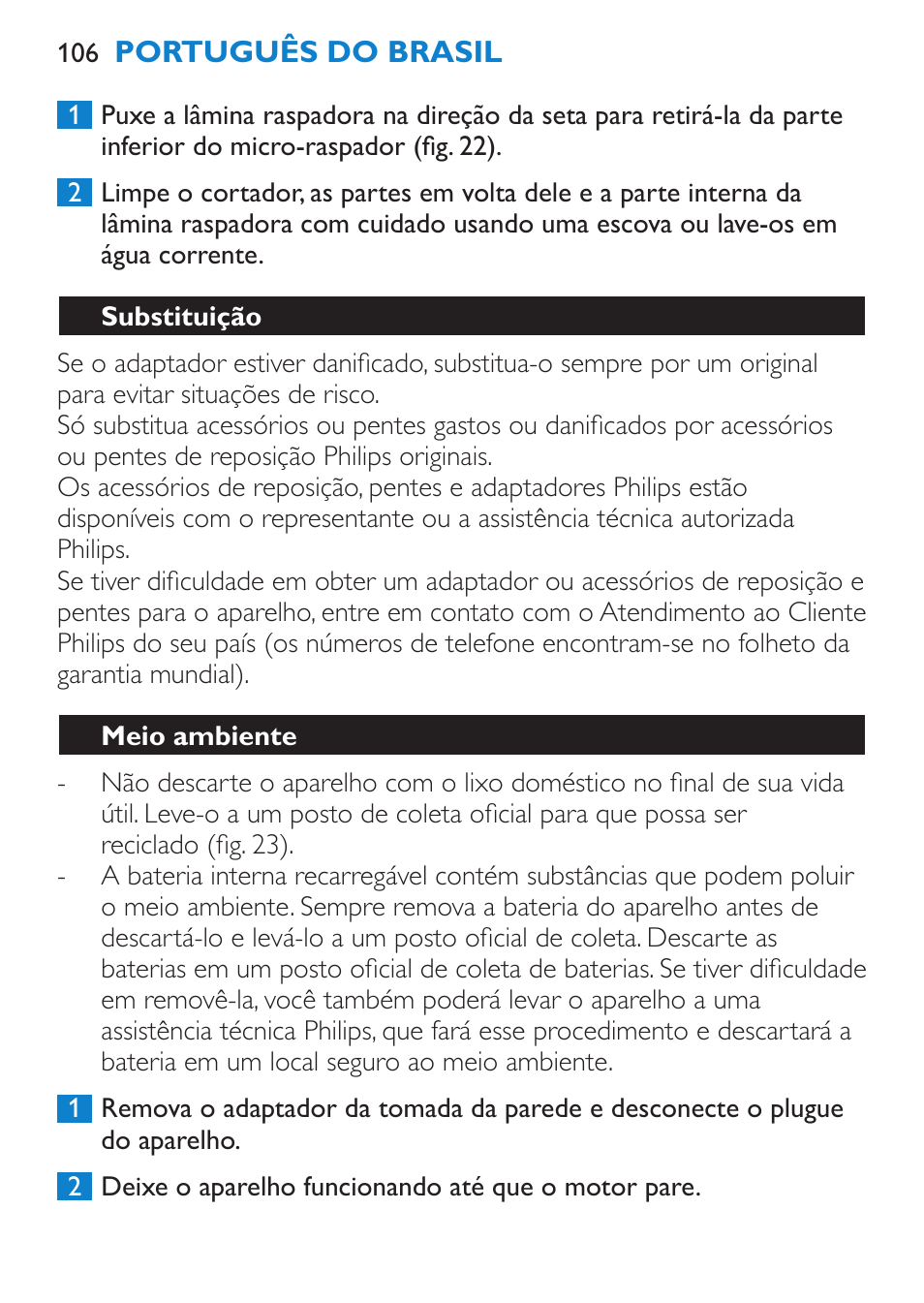 Substituição, Meio ambiente | Philips Body Perfect Recortador para la línea del bikini User Manual | Page 106 / 120