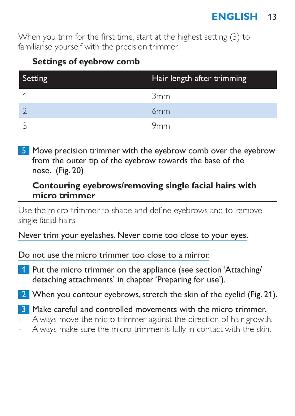 Settings of eyebrow comb, Cleaning | Philips Body Perfect Recortador para la línea del bikini User Manual | Page 13 / 120