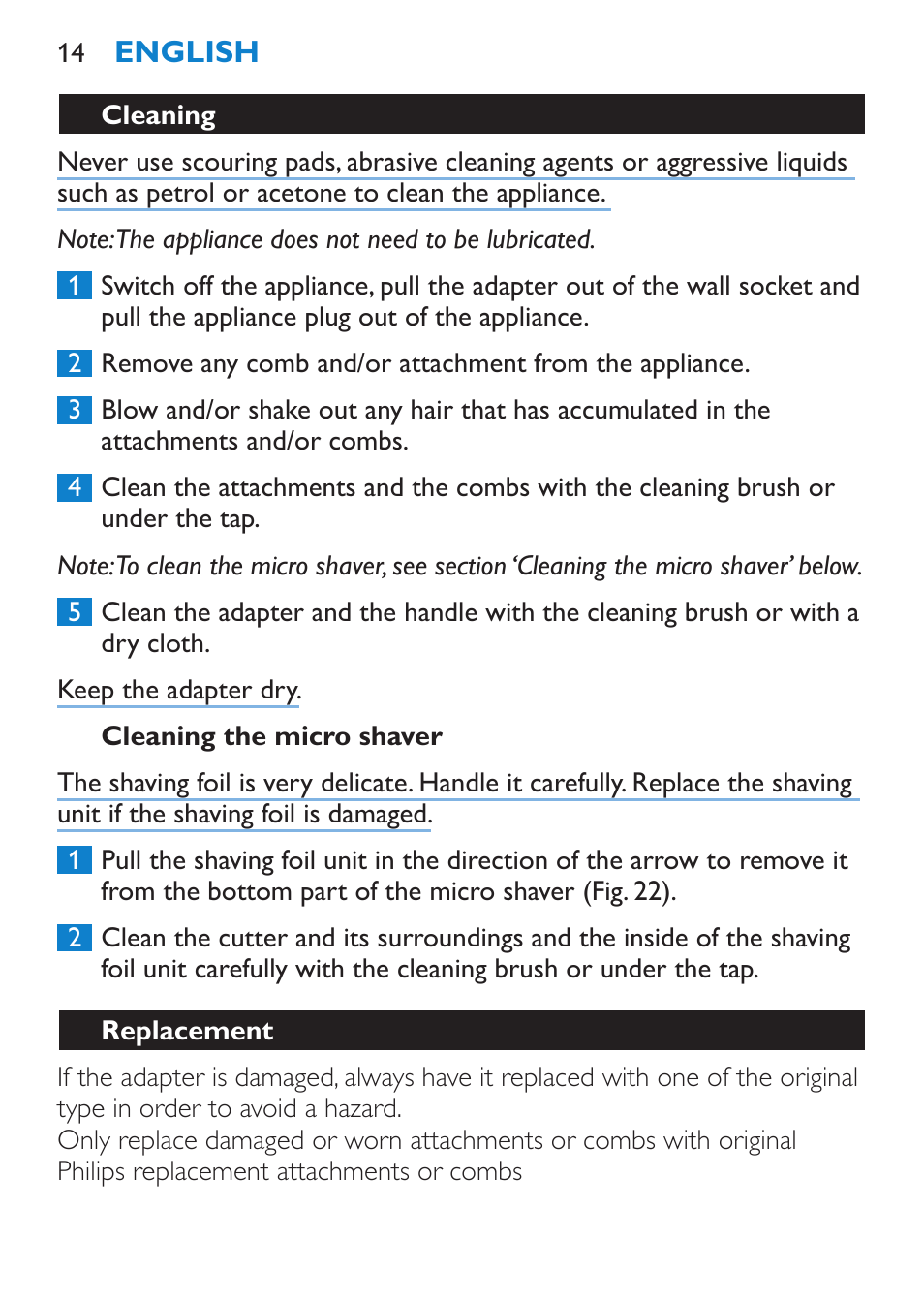 Cleaning the micro shaver, Replacement | Philips Body Perfect Recortador para la línea del bikini User Manual | Page 14 / 120