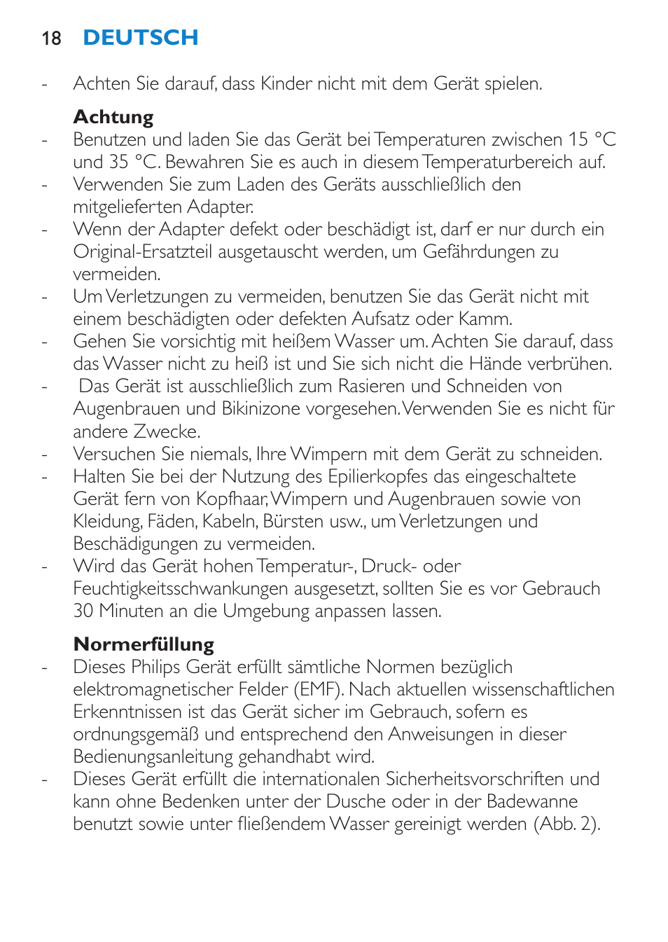 Achtung, Normerfüllung | Philips Body Perfect Recortador para la línea del bikini User Manual | Page 18 / 120
