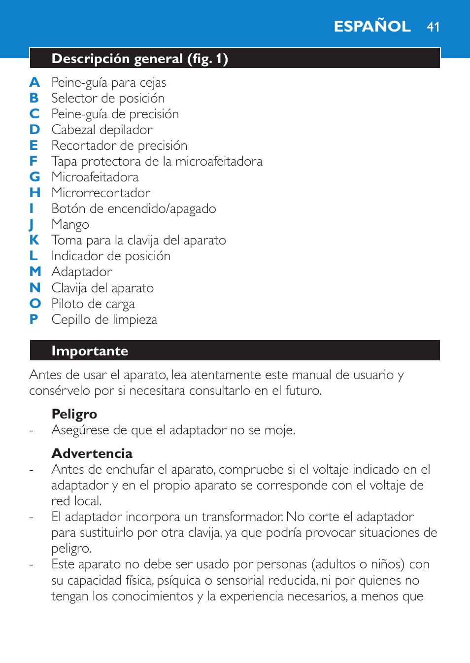 Peligro, Advertencia, Español | Descripción general (fig. 1), Importante | Philips Body Perfect Recortador para la línea del bikini User Manual | Page 41 / 120