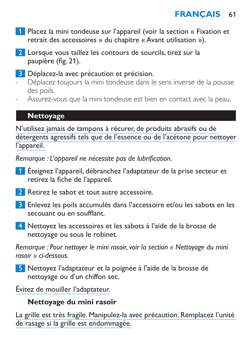 Nettoyage du mini rasoir, Nettoyage | Philips Body Perfect Recortador para la línea del bikini User Manual | Page 61 / 120