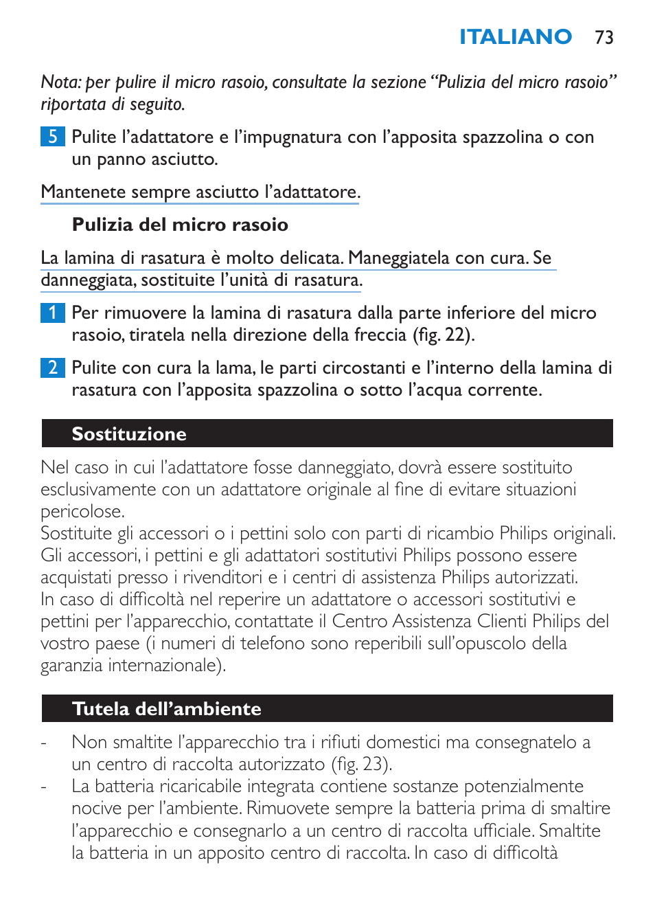 Pulizia del micro rasoio, Sostituzione, Tutela dell’ambiente | Philips Body Perfect Recortador para la línea del bikini User Manual | Page 73 / 120