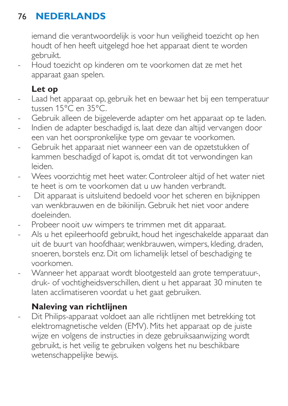 Let op, Naleving van richtlijnen | Philips Body Perfect Recortador para la línea del bikini User Manual | Page 76 / 120