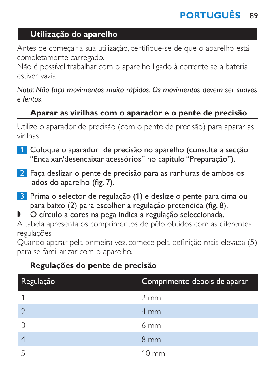 Utilização do aparelho, Regulações do pente de precisão | Philips Body Perfect Recortador para la línea del bikini User Manual | Page 89 / 120