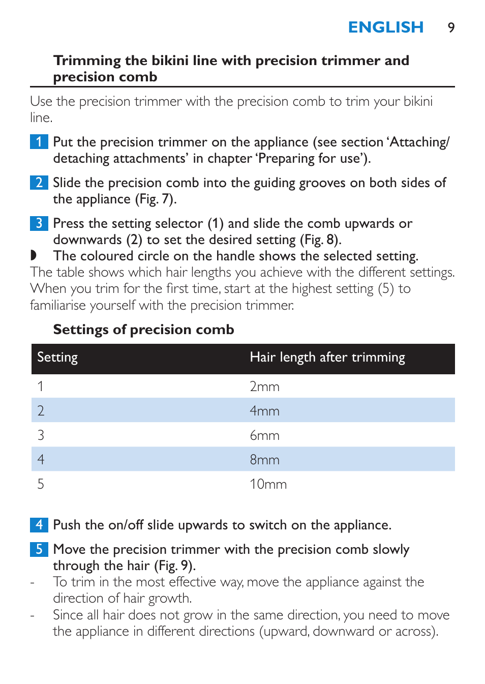 Settings of precision comb | Philips Body Perfect Recortador para la línea del bikini User Manual | Page 9 / 120