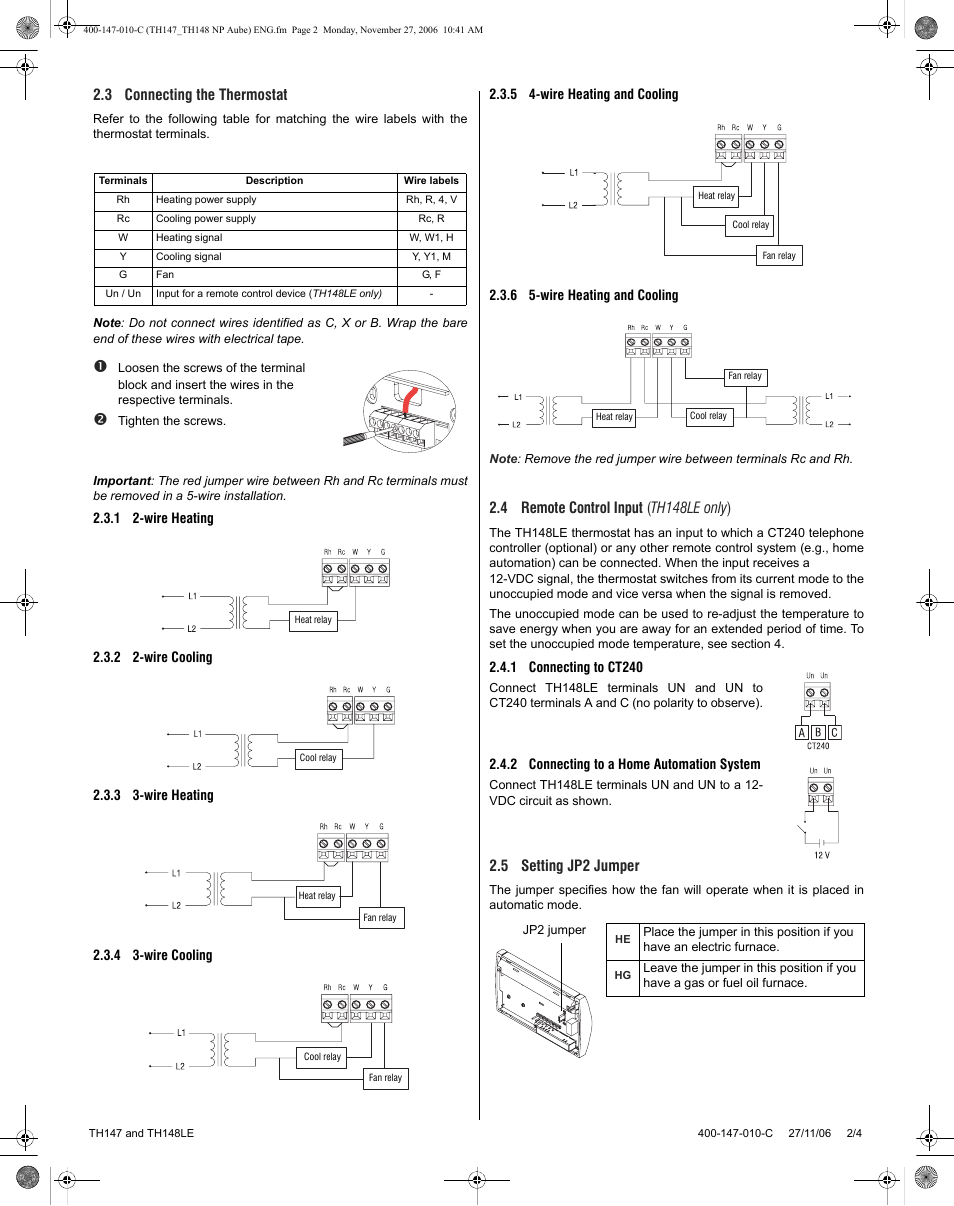 3 connecting the thermostat, 4 remote control input ( th148le only ), 5 setting jp2 jumper | Aube Technologies TH148LE User Manual | Page 2 / 4
