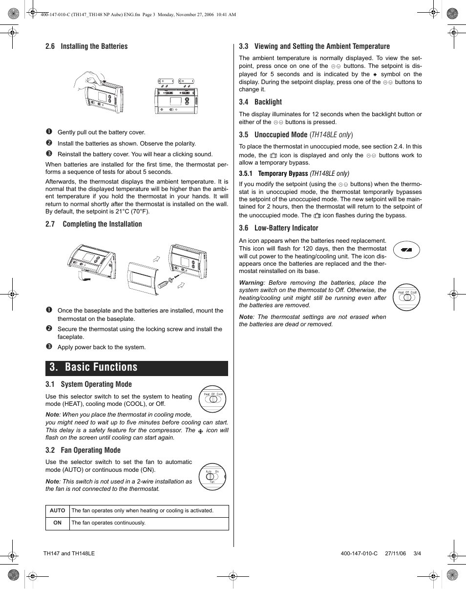 Basic functions | Aube Technologies TH148LE User Manual | Page 3 / 4