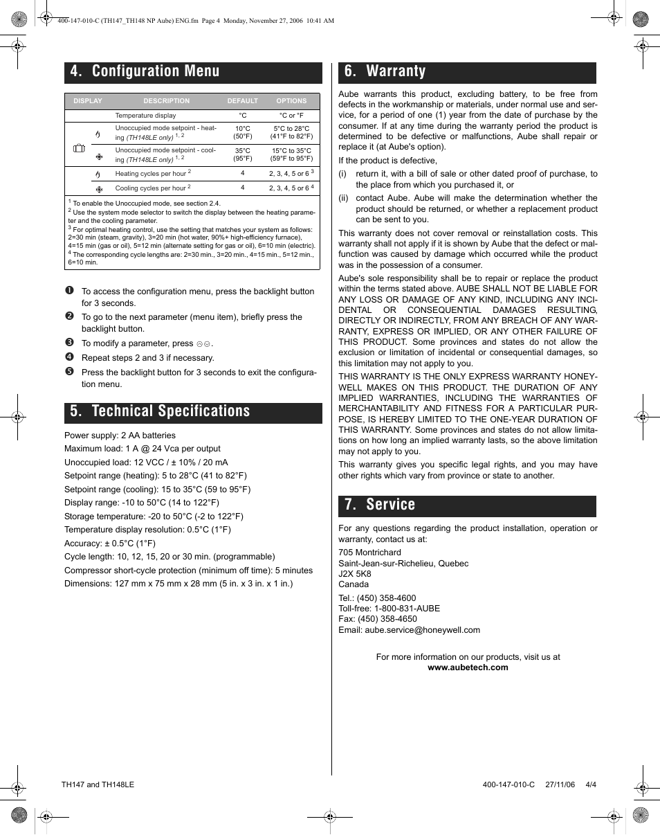 Configuration menu, Technical specifications 6. warranty 7. service | Aube Technologies TH148LE User Manual | Page 4 / 4