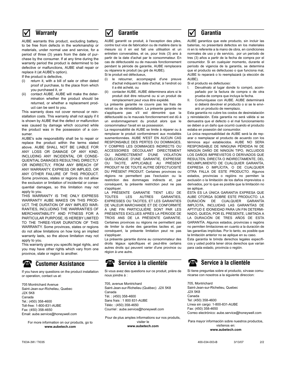 Warranty, Customer assistance, Garantie | Service à la clientèle, Garantia | Aube Technologies Programmable Wall T1034-3W User Manual | Page 4 / 4
