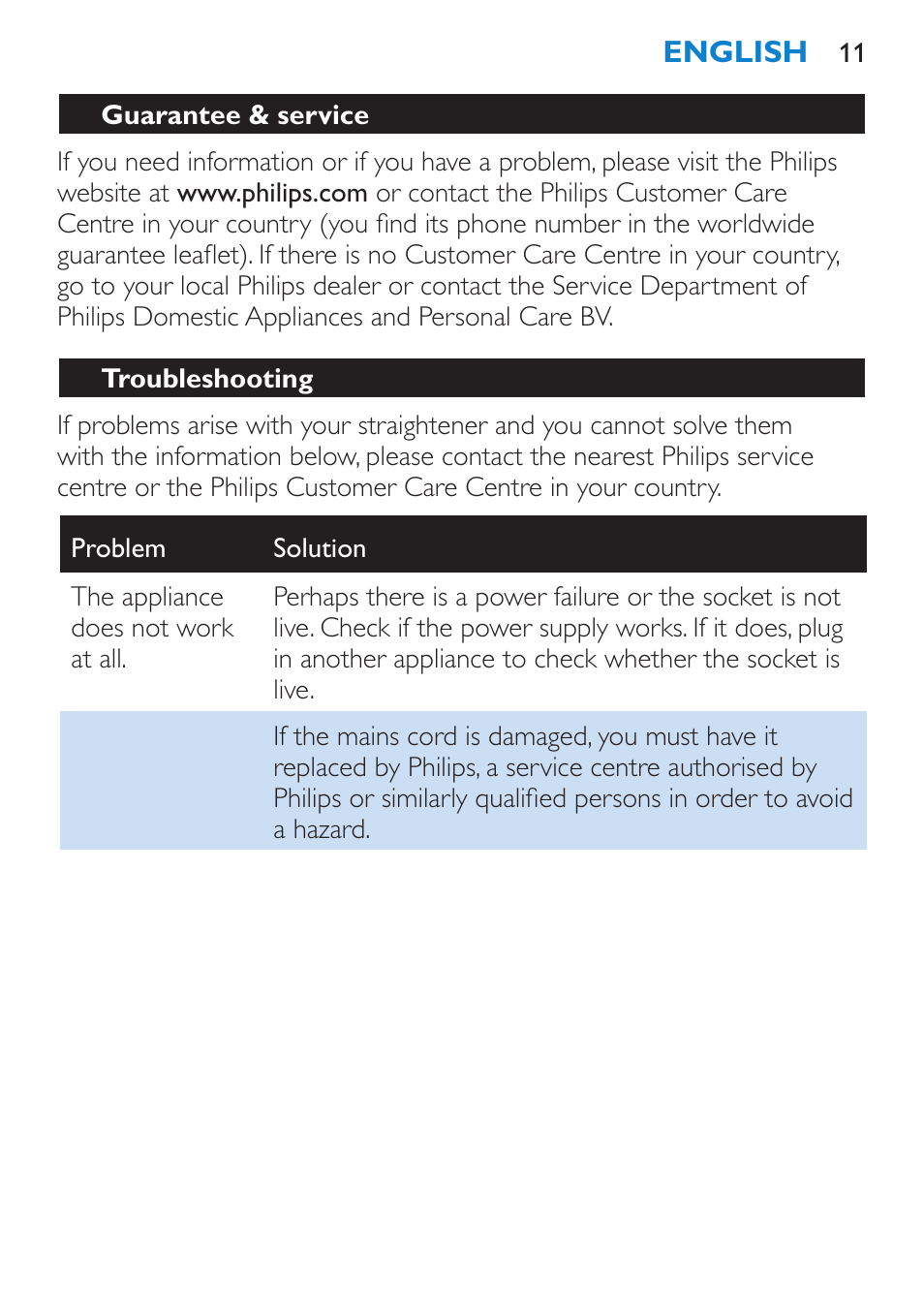 Guarantee & service, Troubleshooting | Philips SalonStraight Seduce Plancha para el pelo User Manual | Page 11 / 92