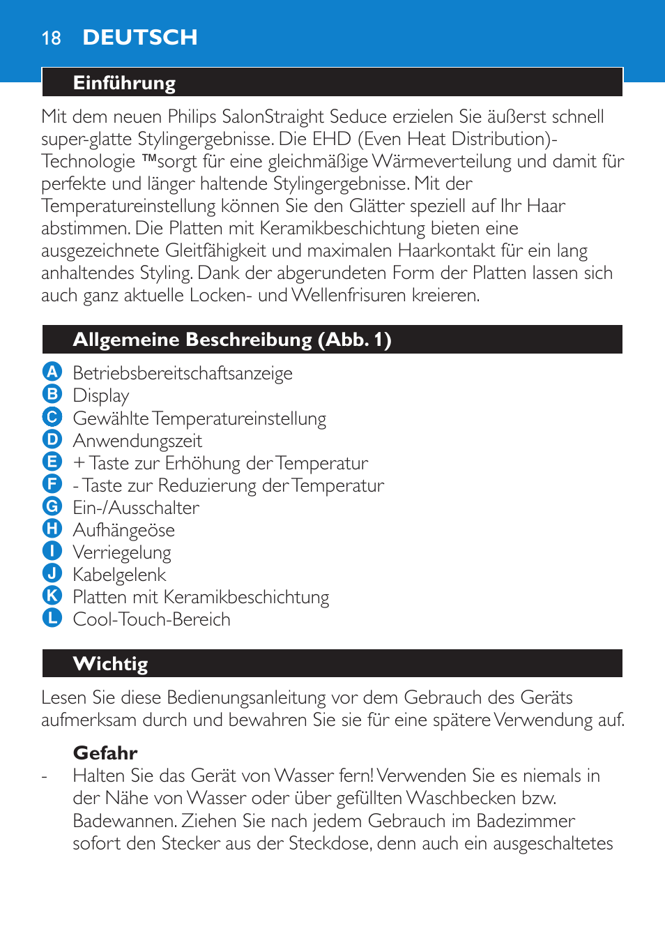 Gefahr, Deutsch, Einführung | Allgemeine beschreibung (abb. 1), Wichtig | Philips SalonStraight Seduce Plancha para el pelo User Manual | Page 18 / 92