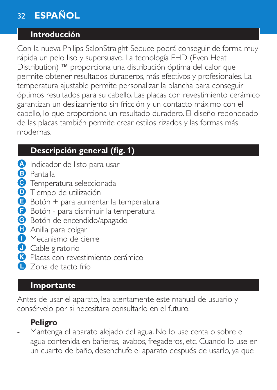 Peligro, Español, Introducción | Descripción general (fig. 1), Importante | Philips SalonStraight Seduce Plancha para el pelo User Manual | Page 32 / 92