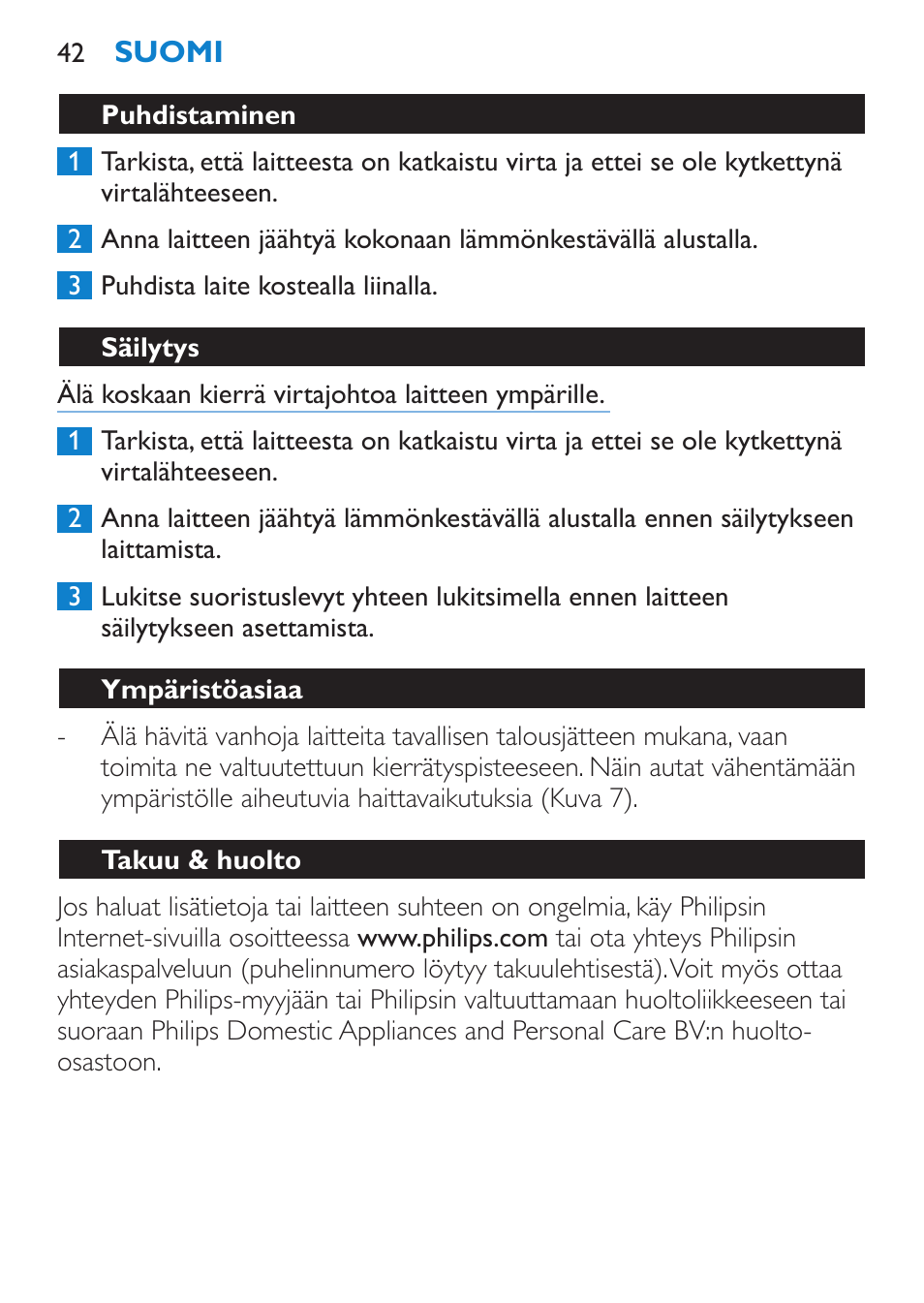 Puhdistaminen, Säilytys, Ympäristöasiaa | Takuu & huolto | Philips SalonStraight Seduce Plancha para el pelo User Manual | Page 42 / 92