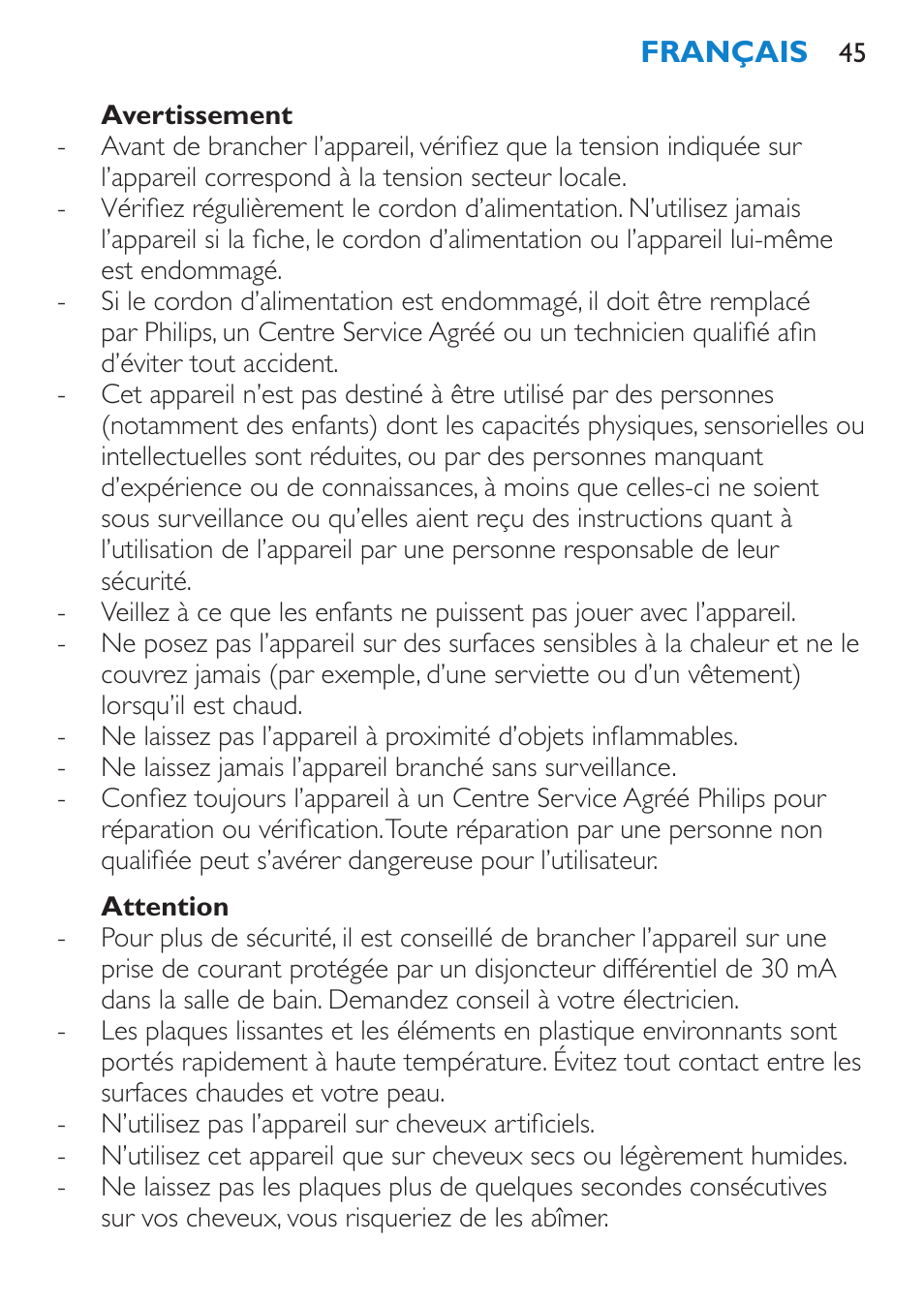 Avertissement, Attention | Philips SalonStraight Seduce Plancha para el pelo User Manual | Page 45 / 92