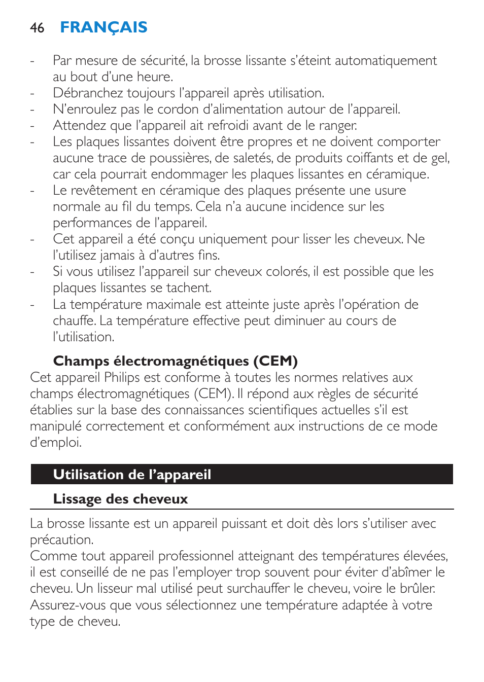 Champs électromagnétiques (cem), Utilisation de l’appareil, Lissage des cheveux | Philips SalonStraight Seduce Plancha para el pelo User Manual | Page 46 / 92