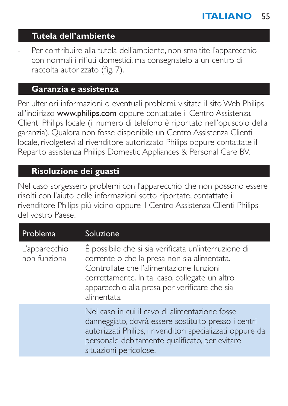 Tutela dell’ambiente, Garanzia e assistenza, Risoluzione dei guasti | Philips SalonStraight Seduce Plancha para el pelo User Manual | Page 55 / 92