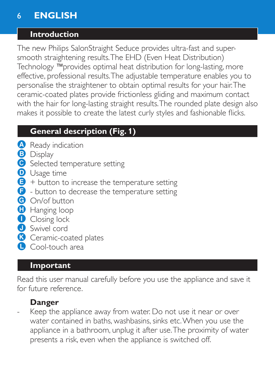 English, Introduction, General description (fig. 1) | Important, Danger | Philips SalonStraight Seduce Plancha para el pelo User Manual | Page 6 / 92