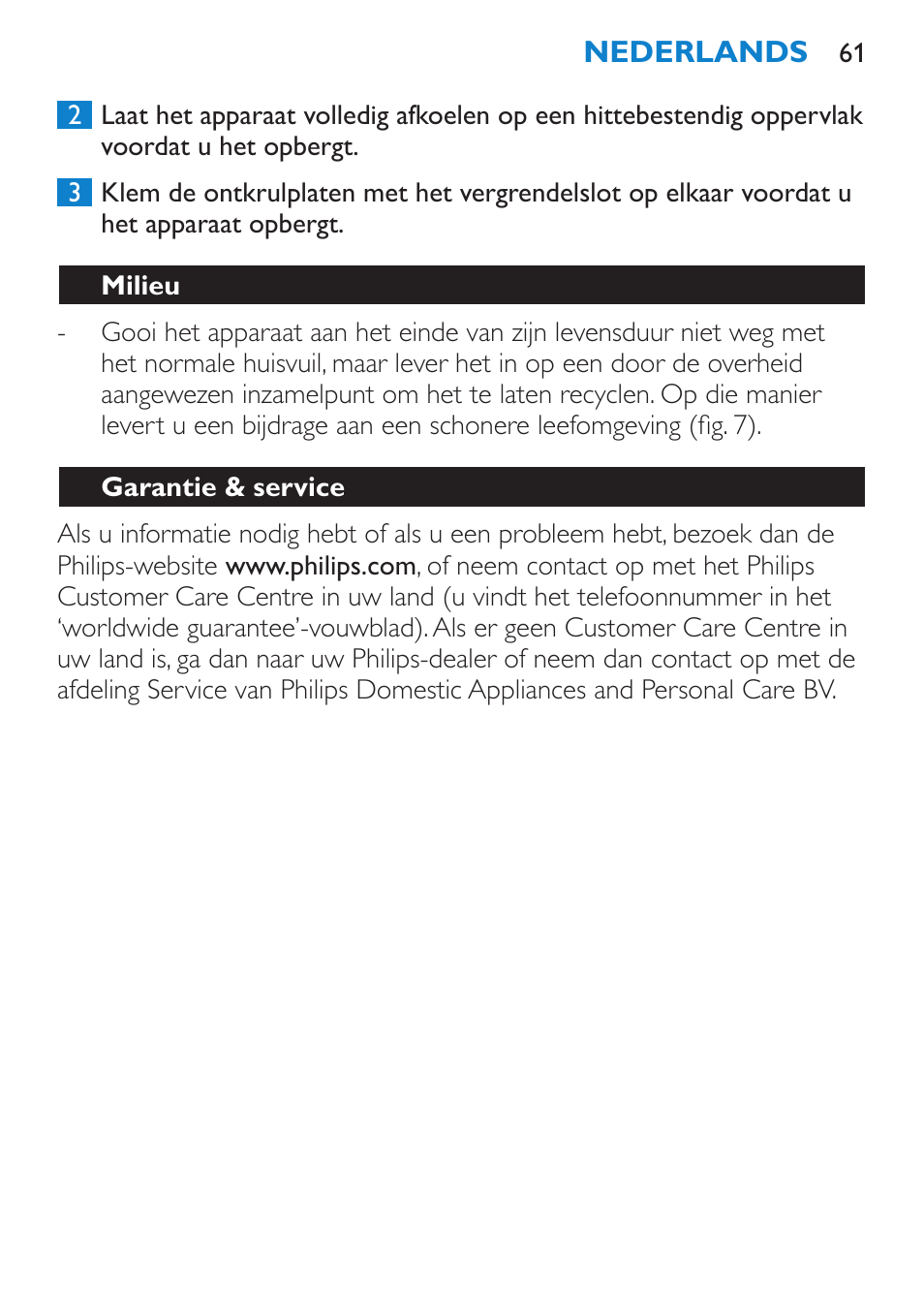 Milieu, Garantie & service, Problemen oplossen | Philips SalonStraight Seduce Plancha para el pelo User Manual | Page 61 / 92